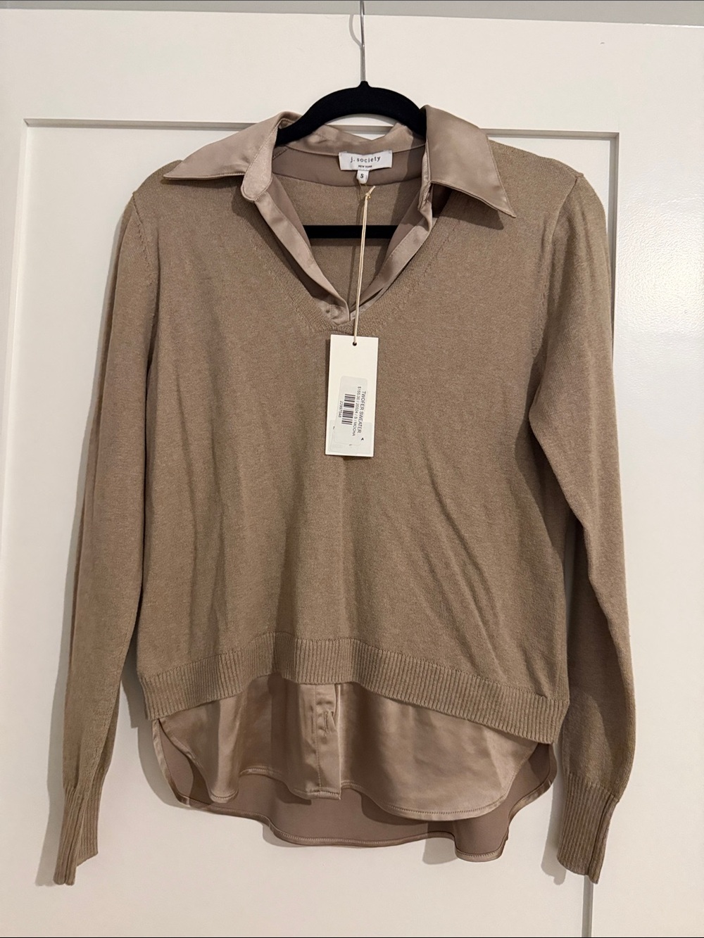 NWT - j. society  Taupe Layered Pullover with Satin Shirt Detail